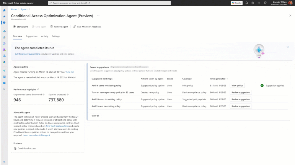 This view shows an example scenario of the agent’s impact after a month has passed. In this case, the agent has automatically created a new group that includes the 16 users it recommends be added to an existing CA policy. The performance highlights the impact the agent has had over that 30-day timeframe - over 900 unprotected users discovered and over 700K sign-ins protected.